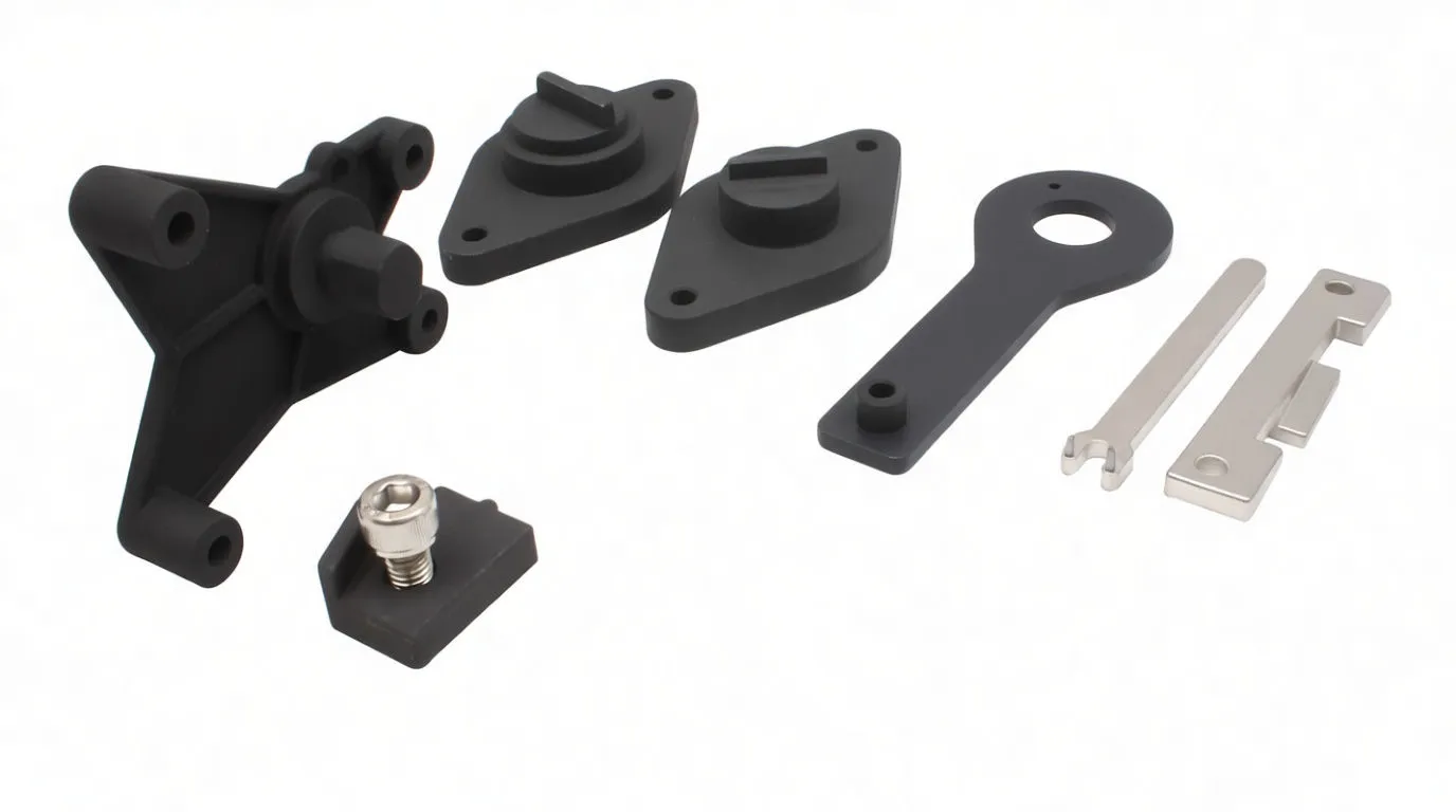 Assortment of engine locking tool components on white background: black locking plates, spanner arm, steel bars and various bolts, with 'ASTA' markings visible.