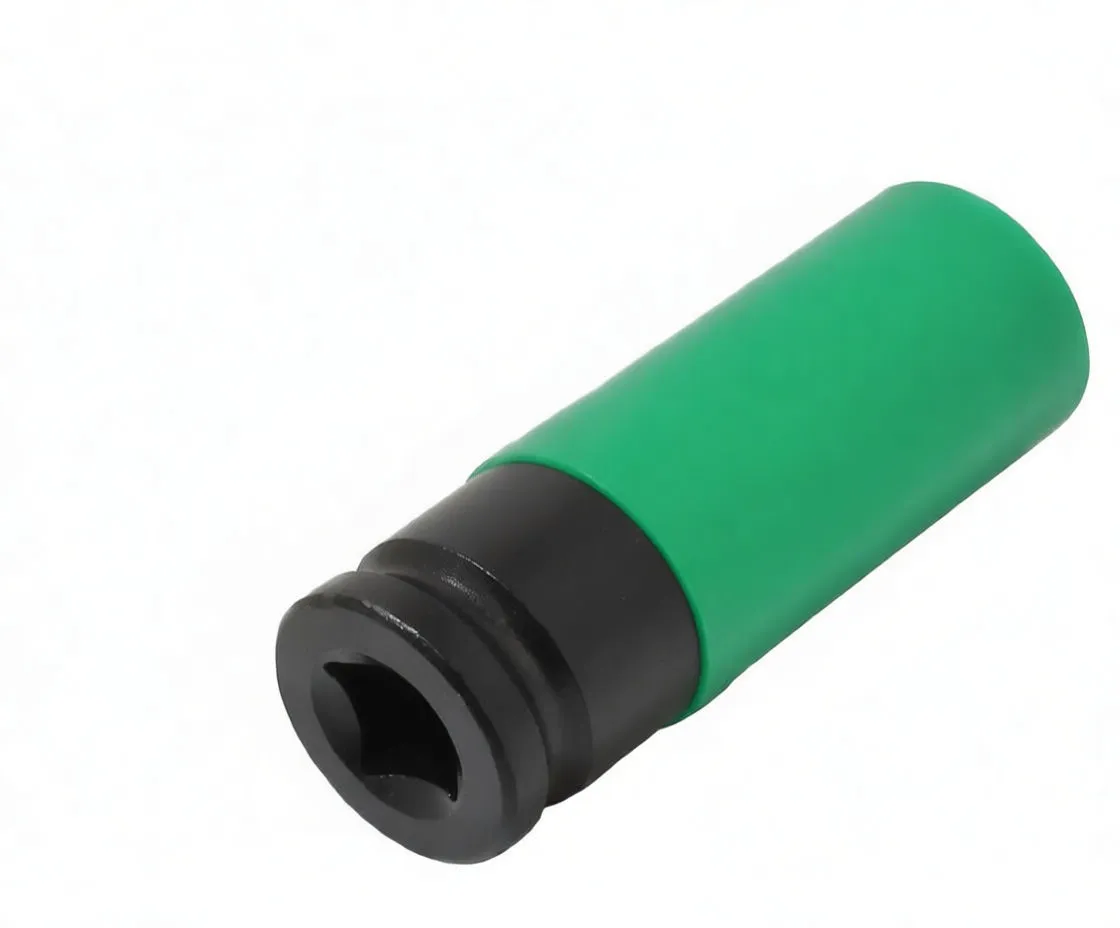 Oblique shot and inset close-up of green-covered deep impact socket showing square drive, detent hole and 'PMS21' marking.