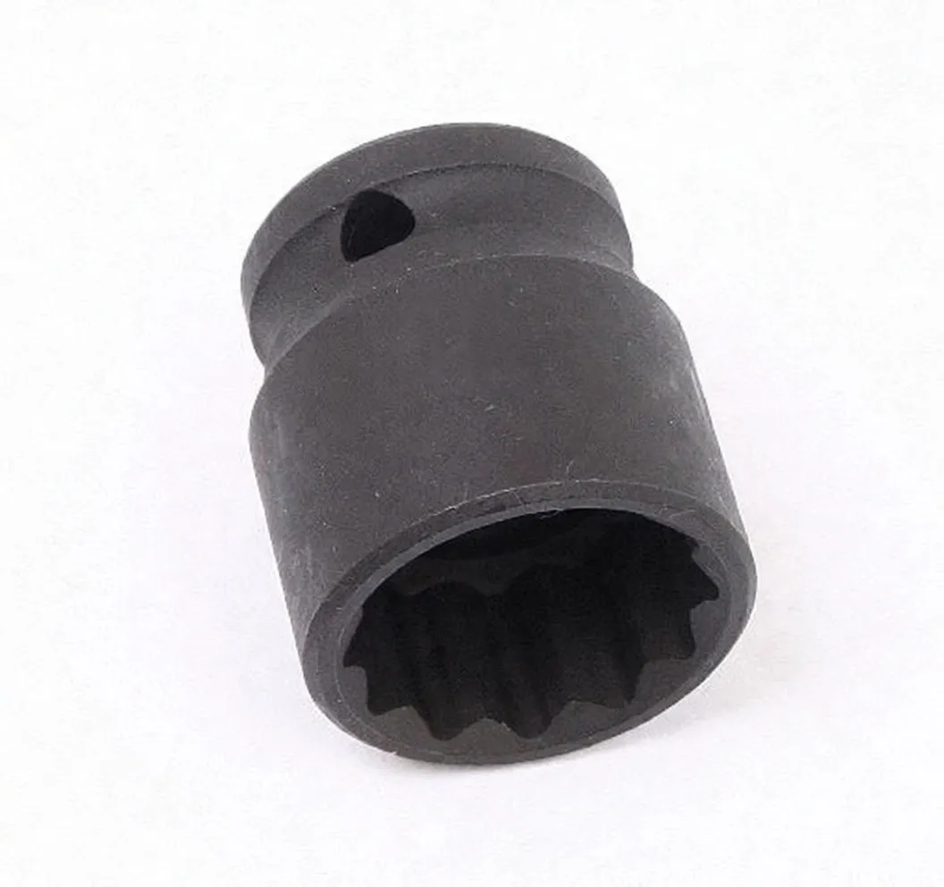Side/angled shot of a short, heavy-walled 24 mm impact socket with brand and size markings and a detent hole