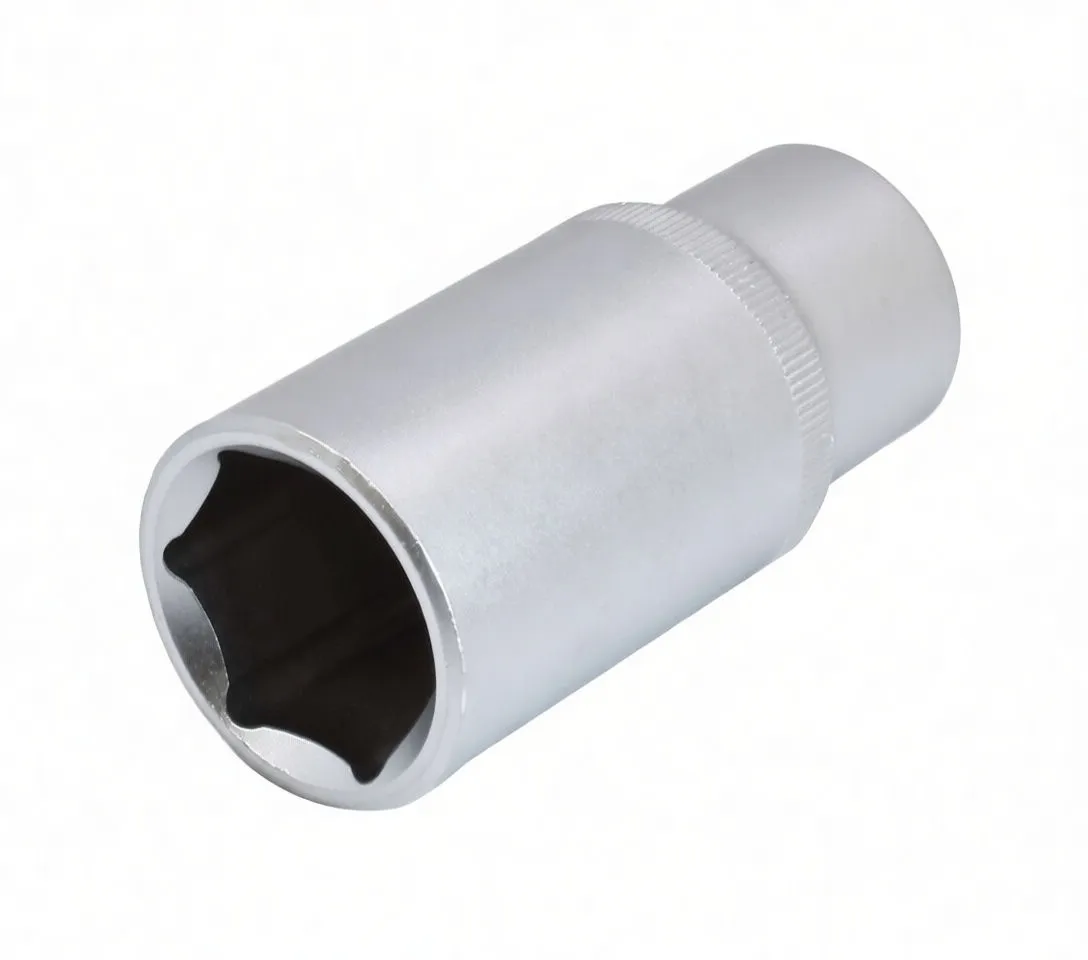 Diagonal full-length view of long 6-point 23mm socket, silver finish