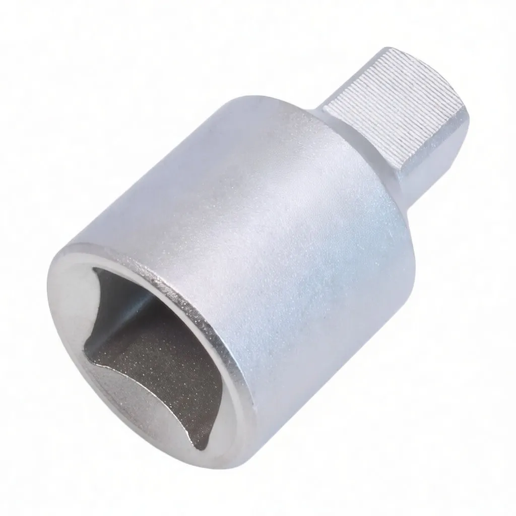 Angled view showing open 1/2" female socket and 3/8" square male drive with side retaining hole