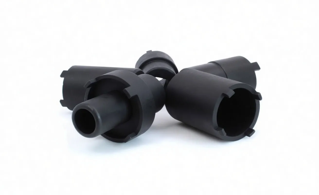 Four black specialty sockets on a white background, showing hollow interiors, external engagement tabs, and white side markings
