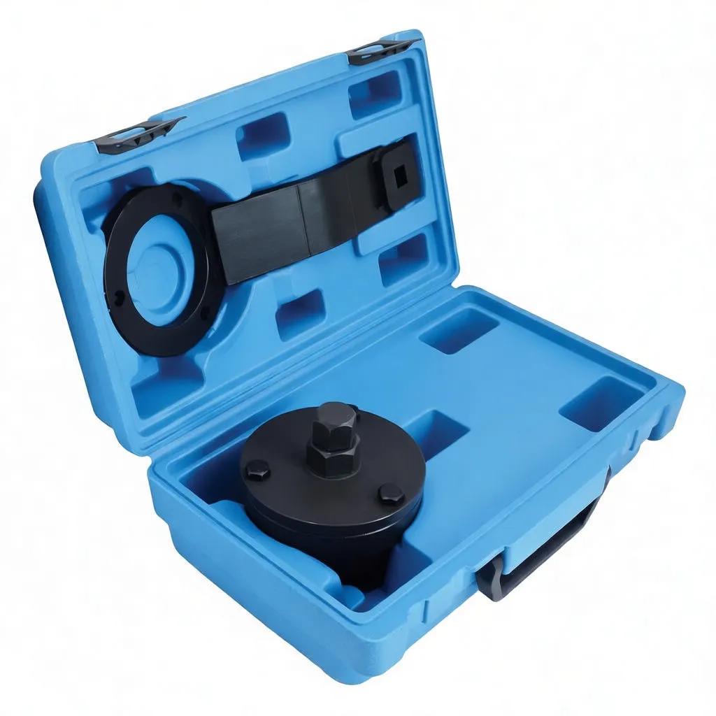 Close-up of black puller adapter with three tabs and central pin next to a ring-type holding wrench with square-drive socket and stamped marking.