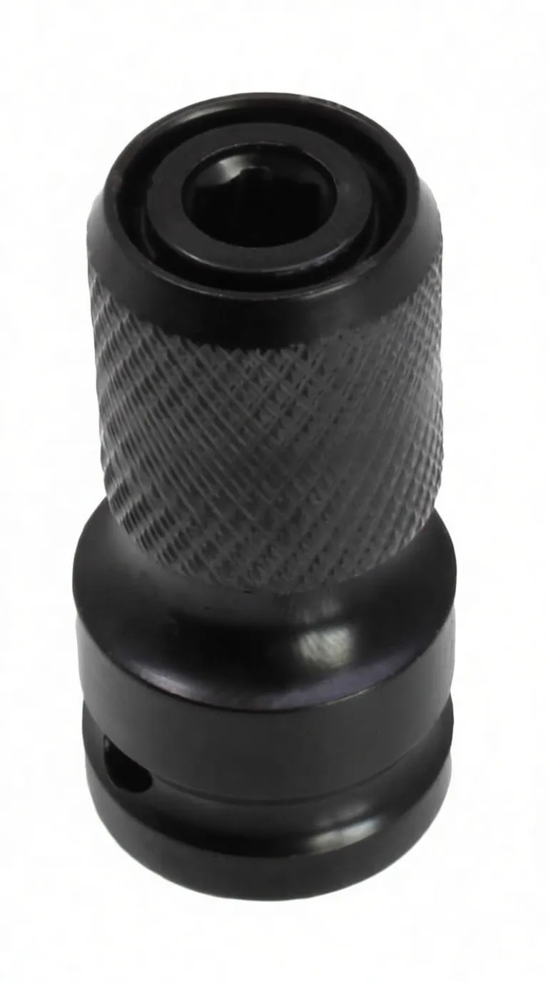 Vertical view of the black impact adapter with red arrow overlay pointing down the knurled sleeve toward the 'satra' logo