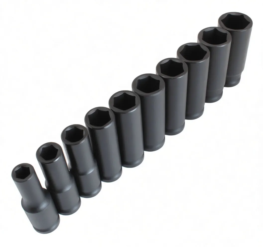 Close-up of graduated black deep impact sockets showing hex bore, stamped sizes, and pin holes