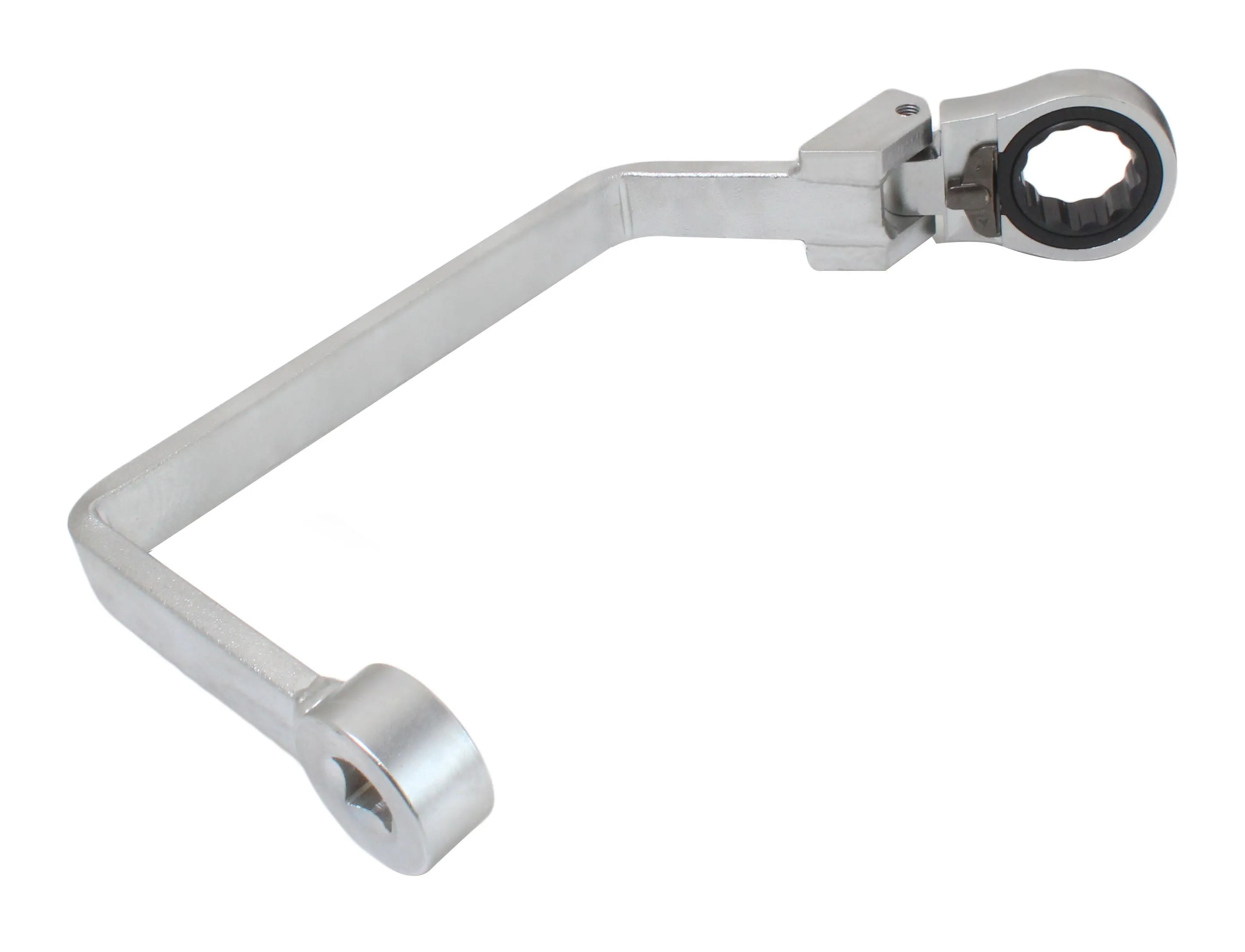 Top view of chrome Z-shaped gear wrench with boxed ratchet ring on one end and square drive recess on the other