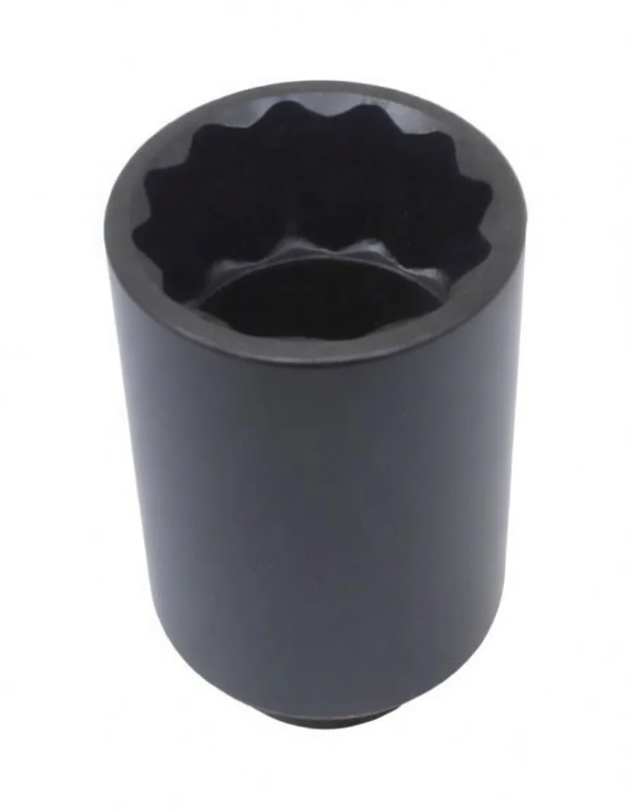 Angled side view of long 12-point 46mm impact socket with ASTA marking