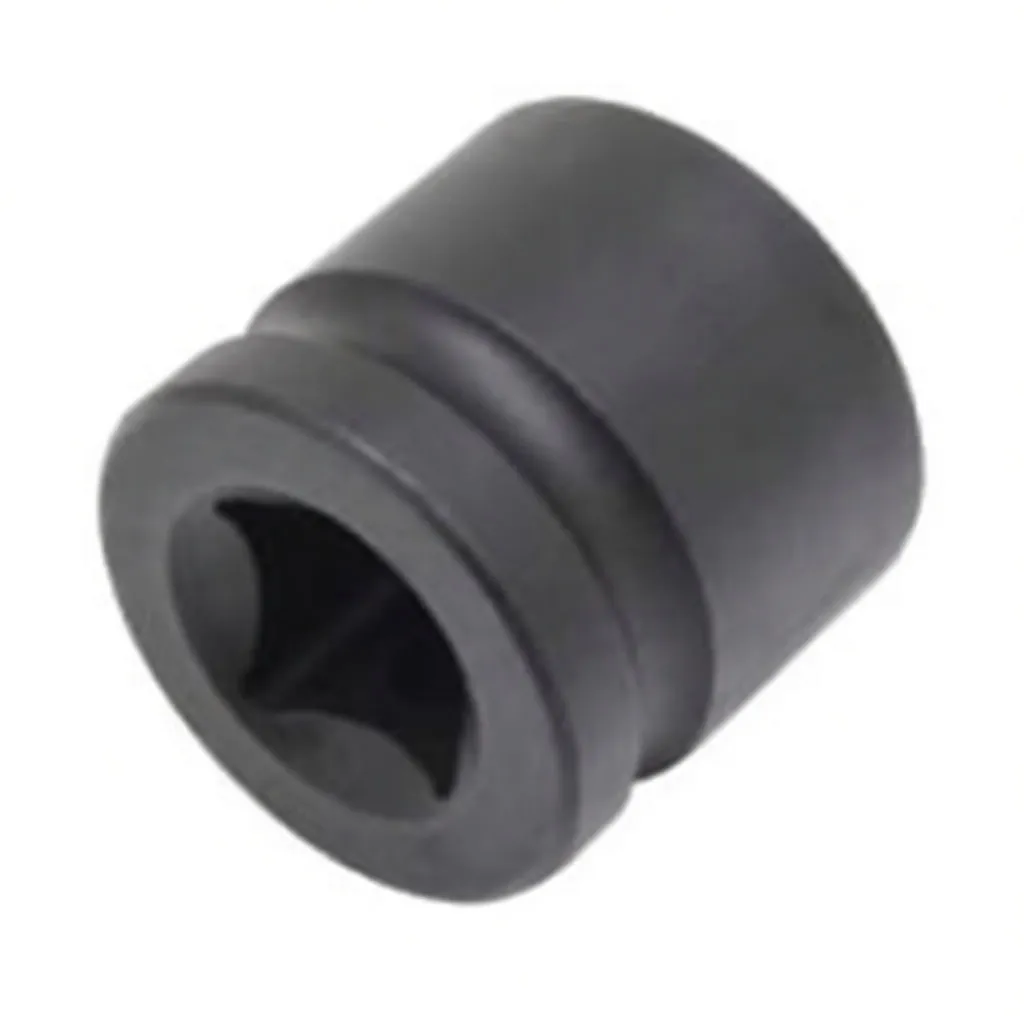 Small angled photo of a short black 6-point impact socket with side hole and faint printed markings
