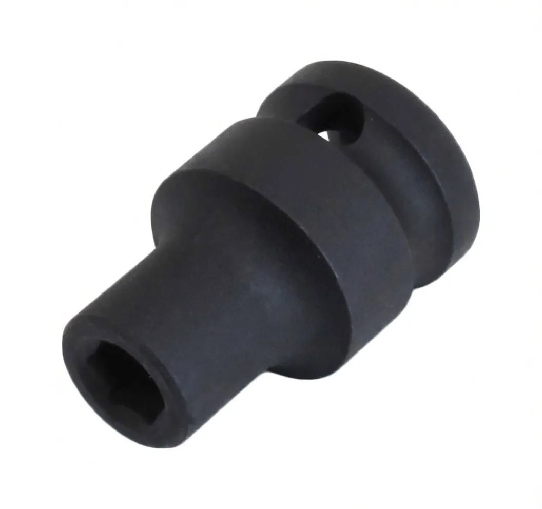 Low-angled view showing 1/2-inch square drive end of ASTA black impact socket marked 8mm CR-MO