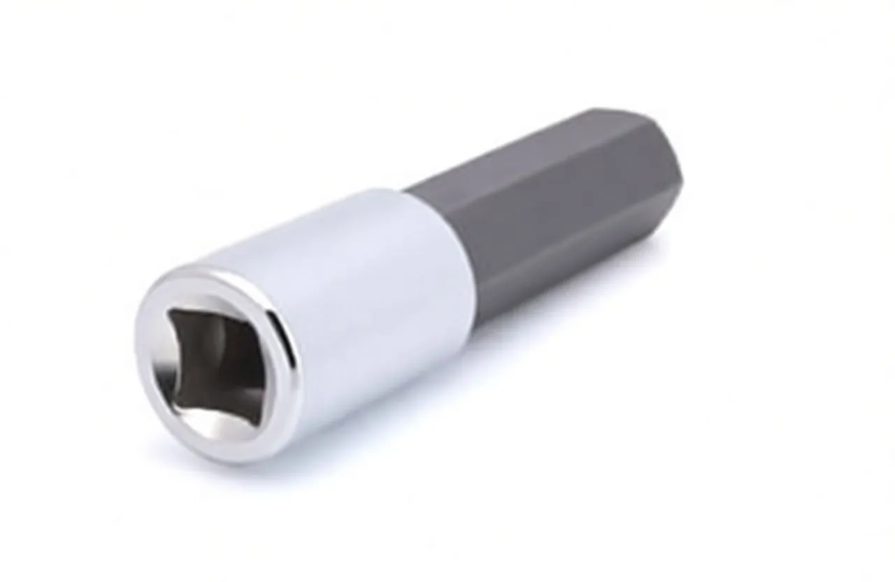 Drive-end view of chrome socket showing square 1/2" recess, stamped markings and long hex bit extending from the rear