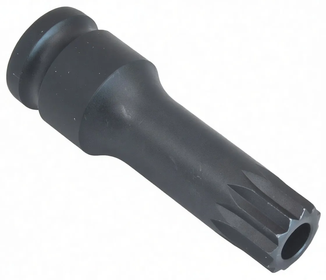Angled full-length view of a black 1/2" spline impact socket with splined nose, ASTA M18 CR-MO markings and retention hole