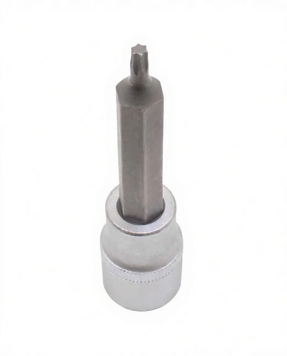 Top view of hex shank inserted into a chrome socket, showing a close-up of the T20 Torx tip with six lobes and no tamper pin.