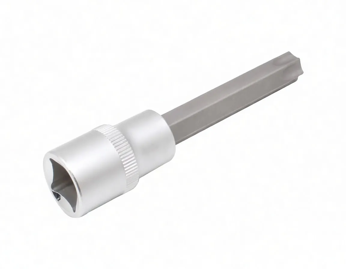 Top-down view of the Torx T55 star tip showing six lobes, no tamper pin, and the socket body beneath