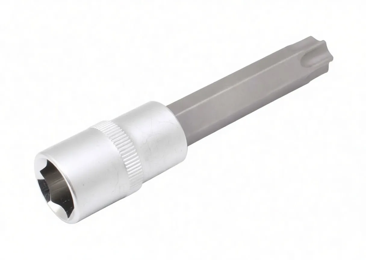Overhead view of the Torx bit showing six-lobed non-tamper tip and hex shank standing in a chrome 1/2" socket