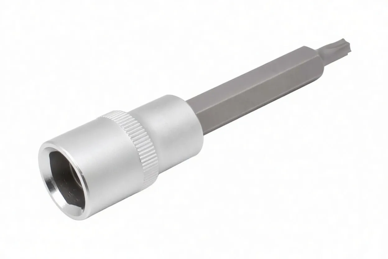 Side profile of a T30 long Torx bit inserted into a chrome 1/2" socket showing knurling and stamped markings