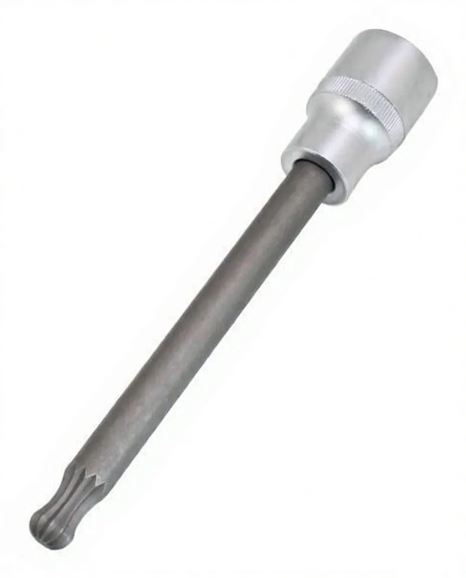 Full-length diagonal view of XZN10 ball end bit socket with silver socket body and long dark shaft ending in multi-lobed tip