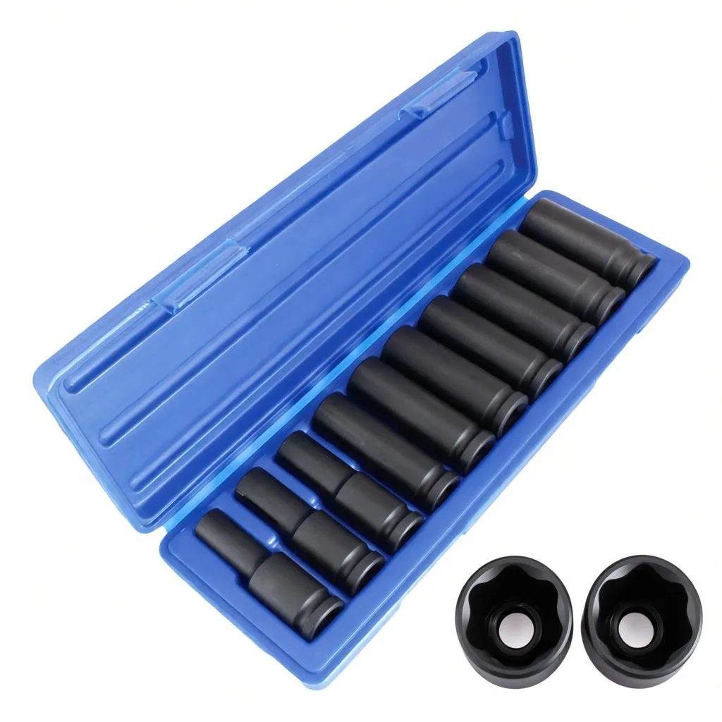 Angled open case with black deep impact sockets lined up, showing lengths, markings, and pin holes