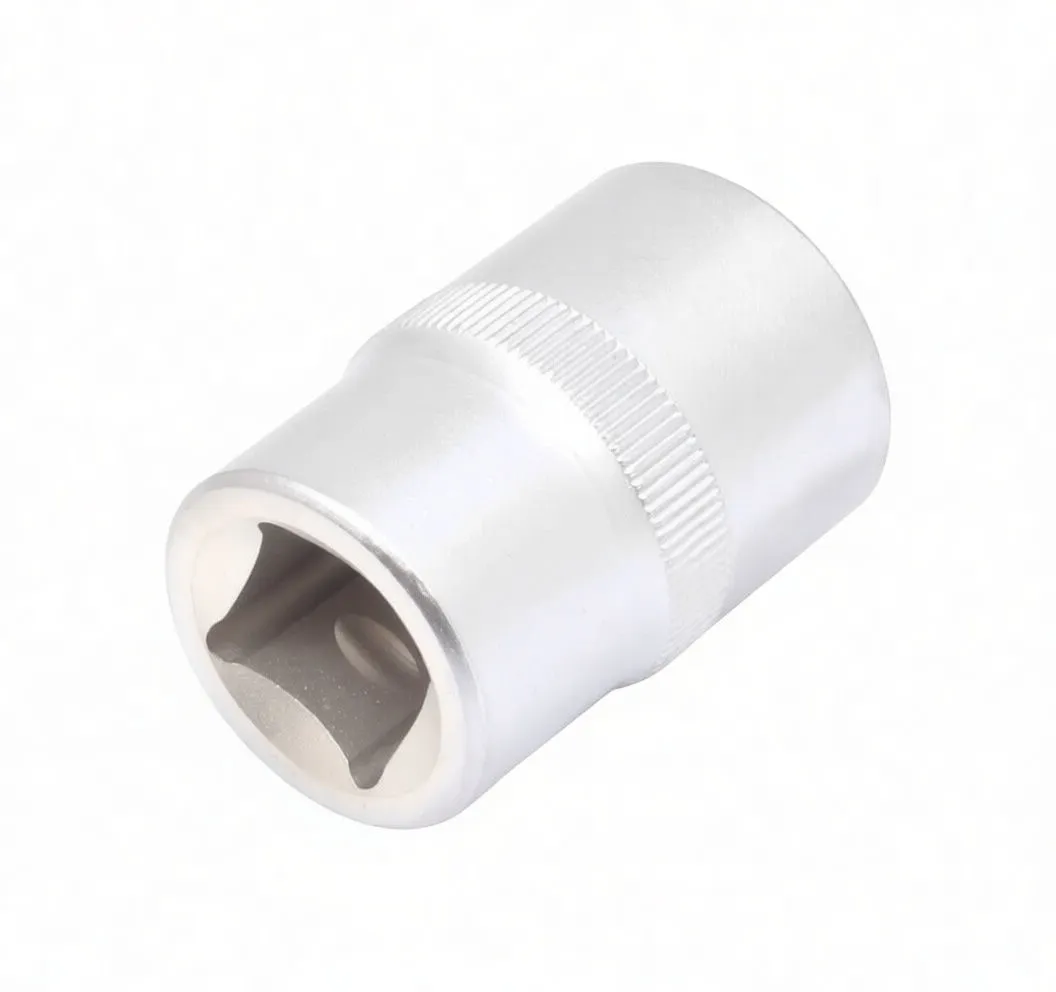 Side/drive-end view of short chrome socket showing 1/2" square drive recess, detent hole, and knurled band