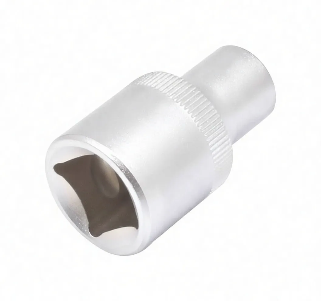 Close-up of chrome 6‑point socket with visible 6‑point interior, knurled middle band and brand marking