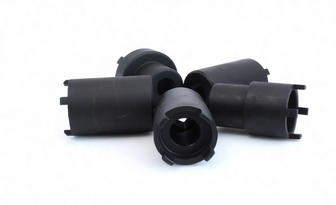 Five black slotted sockets arranged on white background, showing tabbed ends, internal drive recesses, and white printed markings