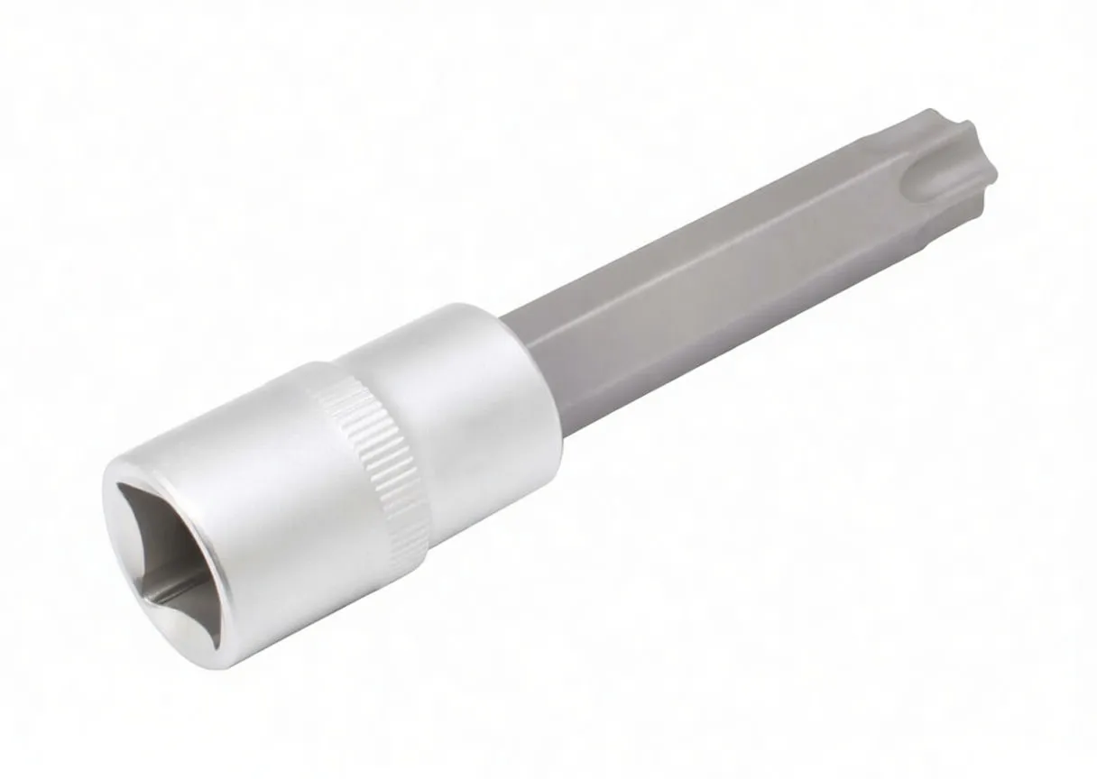 Side view showing the chrome socket with 1/2" square opening, knurled band and a long hex shank Torx bit