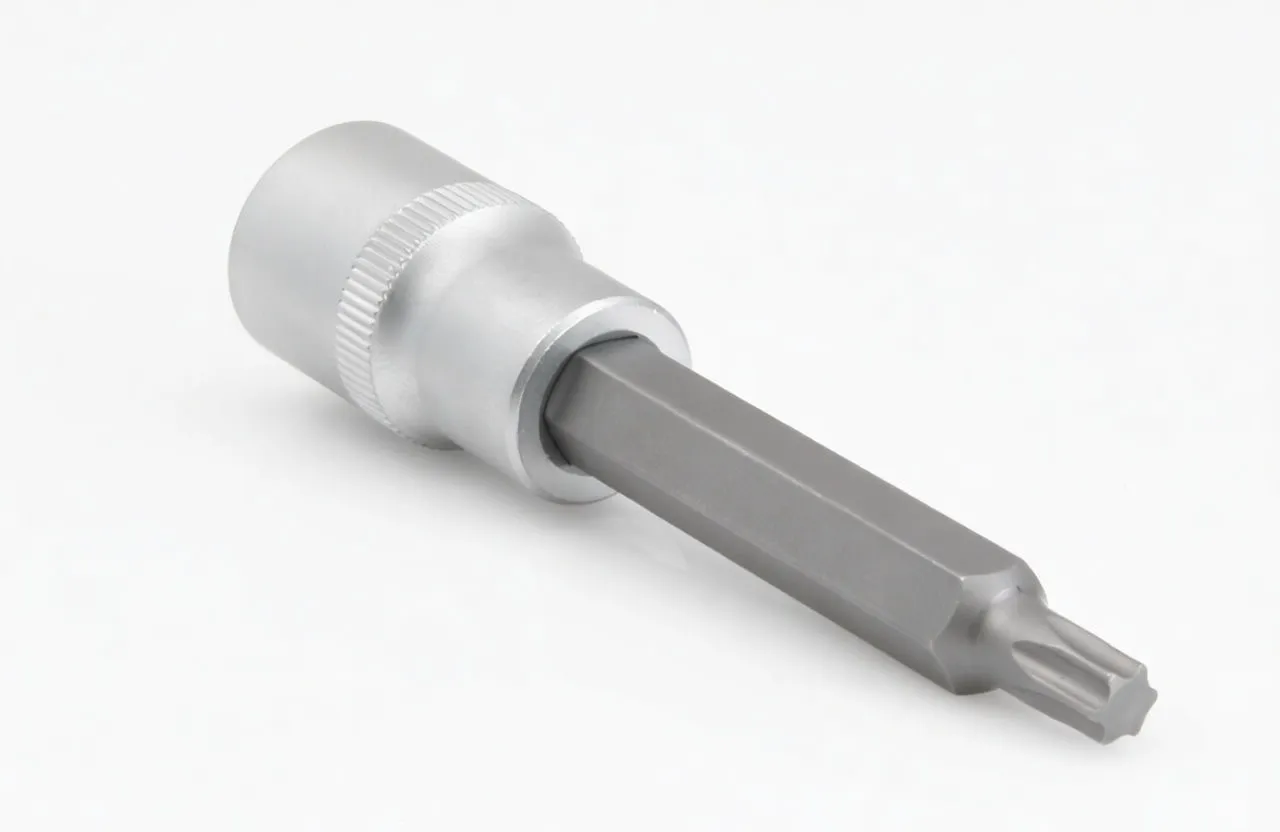 Side view of long Torx bit in chrome socket showing hex shank, knurled band and 'CR-V' marking.