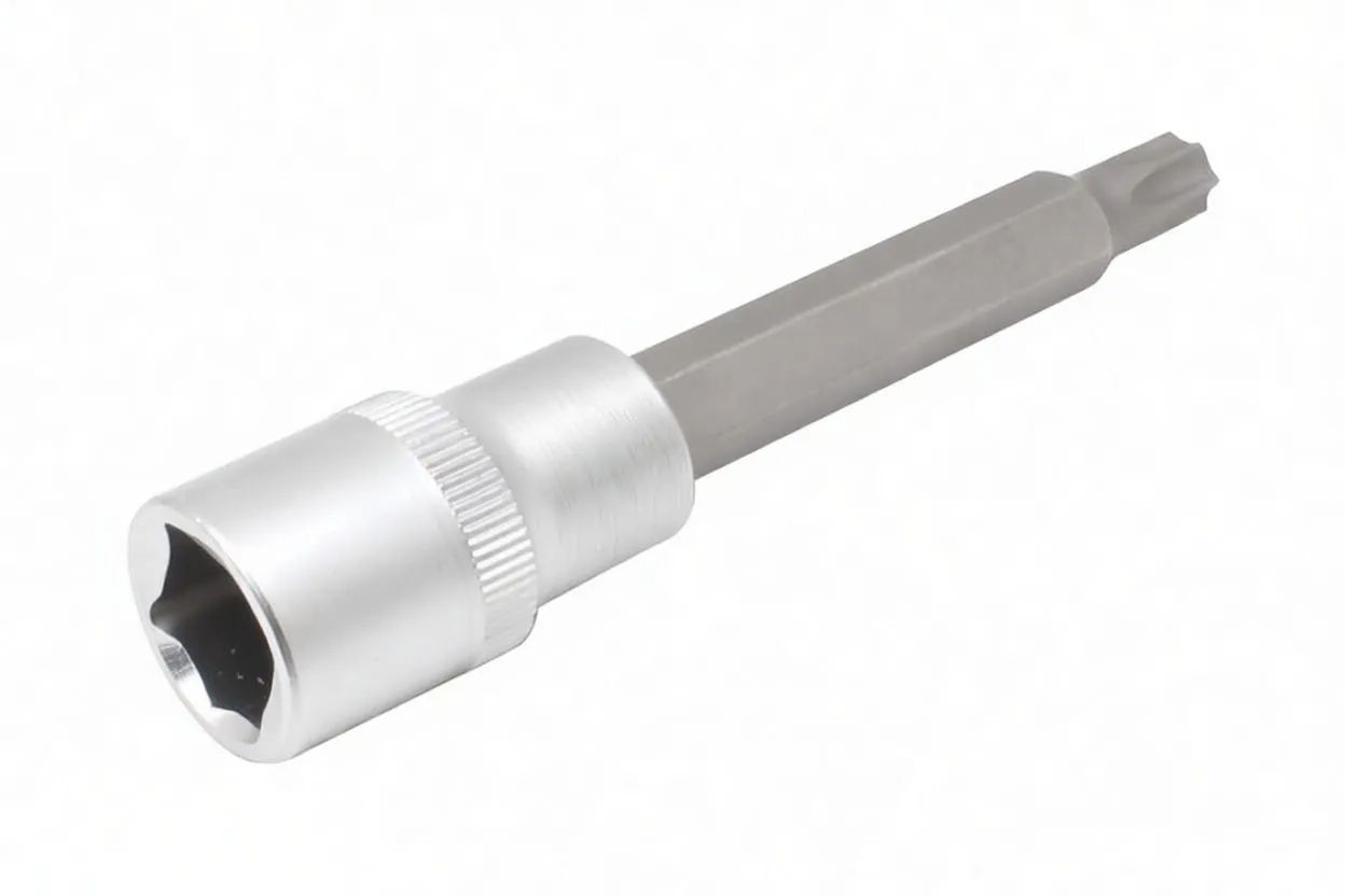 Side view of a 1/2 inch Torx bit with chrome female drive socket, knurled ring, hex shaft and Torx tip; logo visible on socket