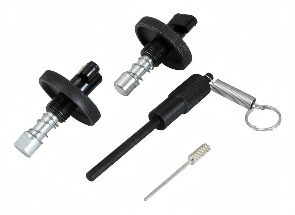 Parts of locking tool set on white background: two black round locking pins with silver shafts, knurled black handle tool with rod, spring with key ring, and small knurled pin.