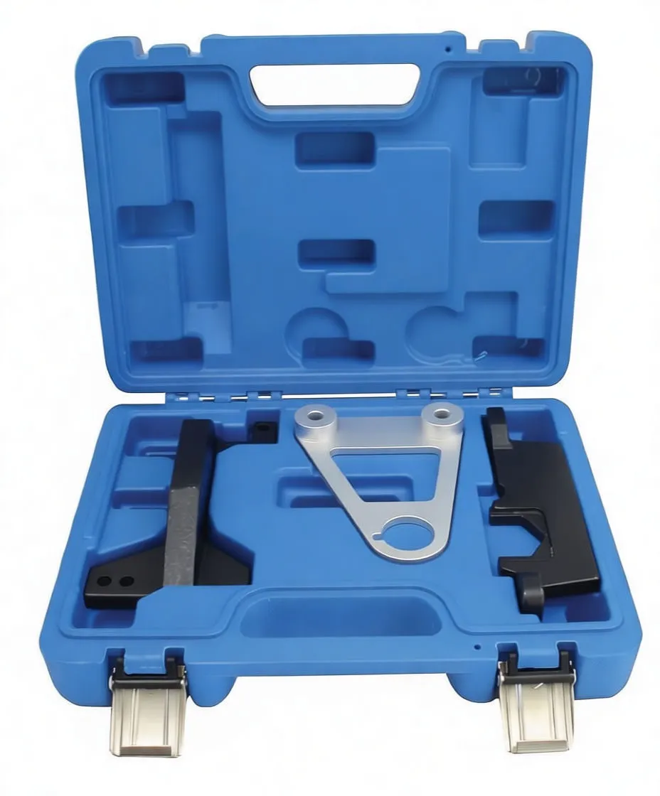 Overhead close-up of timing tool kit in blue case, highlighting silver center plate with bosses and two black locking brackets with 'satra' markings