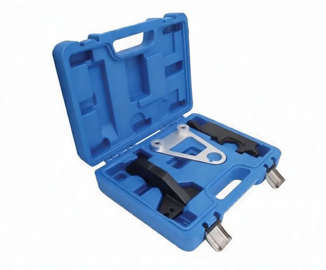 Side-angled view of blue carrying case with timing tools inside, showing silver bracket and two black locking tools and metal latches