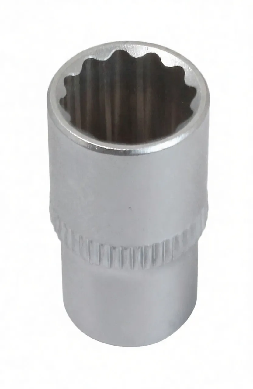 Top view into a short 12-point socket showing internal lobes, knurled middle band and exterior logo