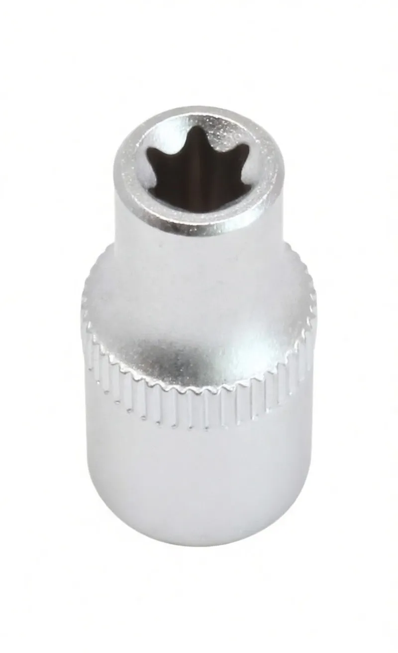 Angled shot of a short satin chrome E-type socket showing mouth, knurled band and drive shank