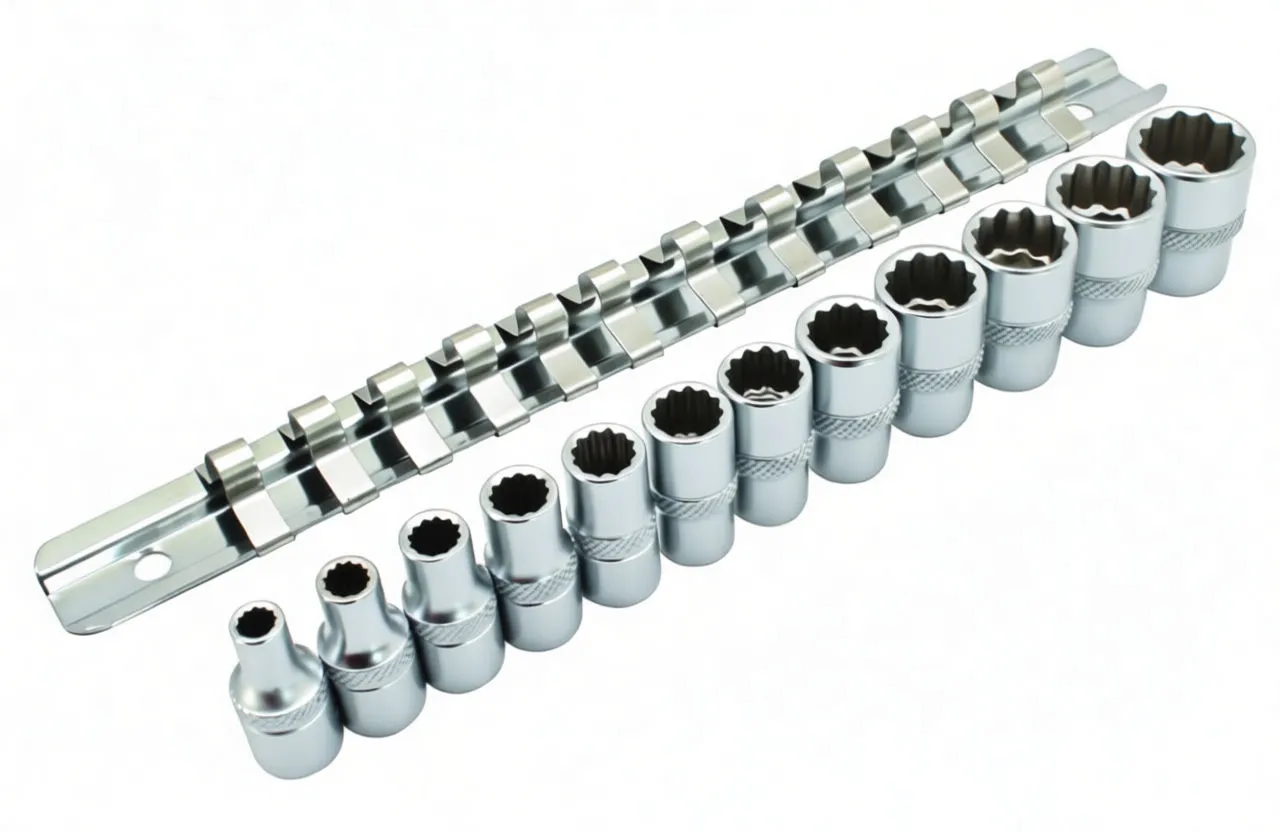 Socks laid out in a row in front of a metal clip rail, chrome finish sockets with knurled bands and 12-point interiors.