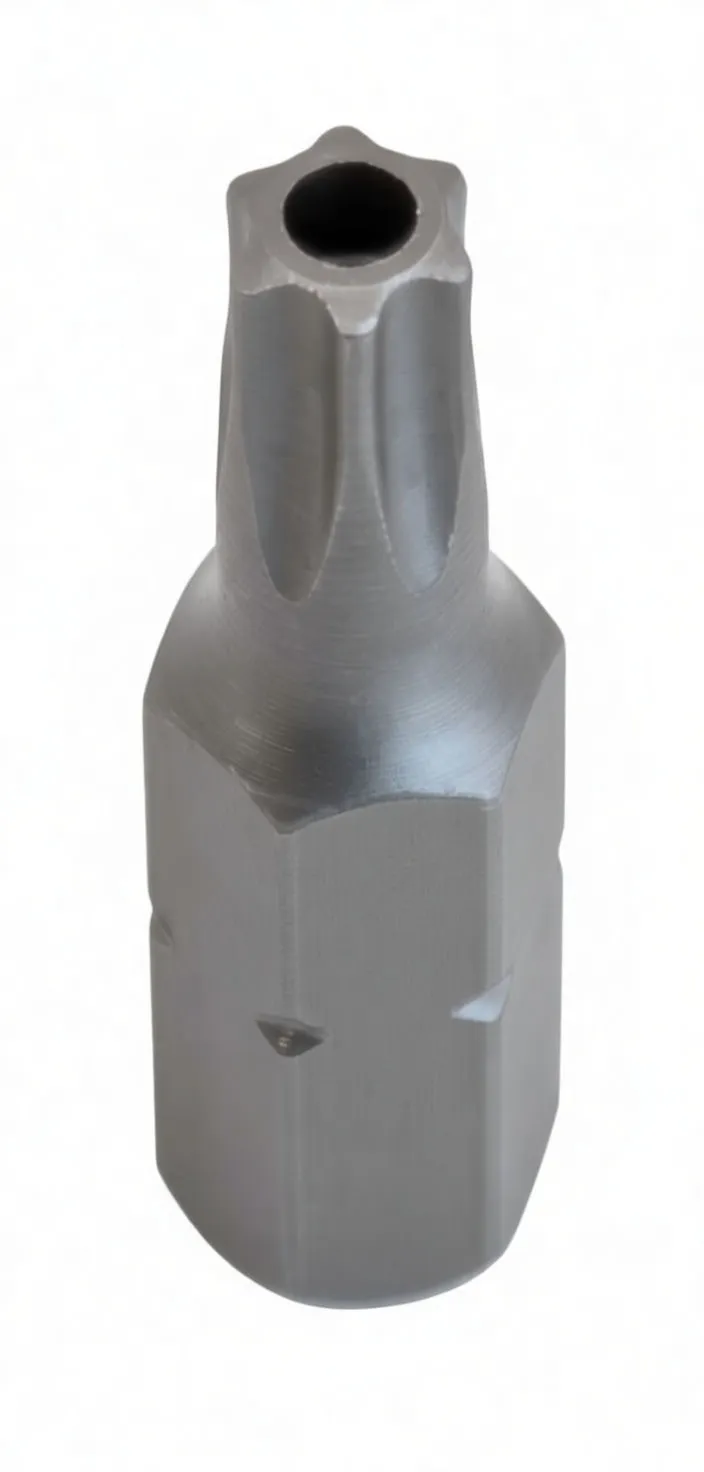Angled side view of a short hex shank tamper Torx bit with center hole and 'ASTA' engraving