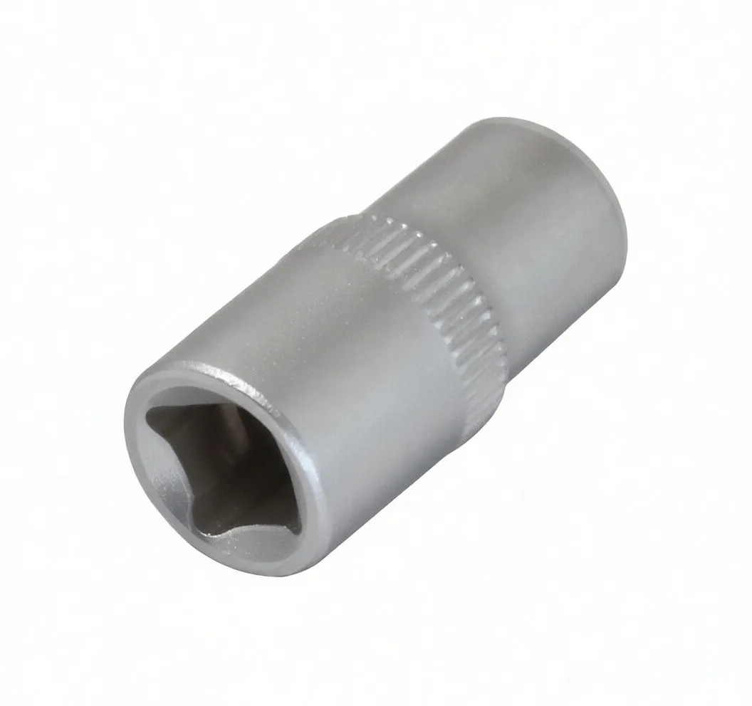 Diagonal view of chrome short 12-point socket showing open end, knurled mid band and stamped size marking
