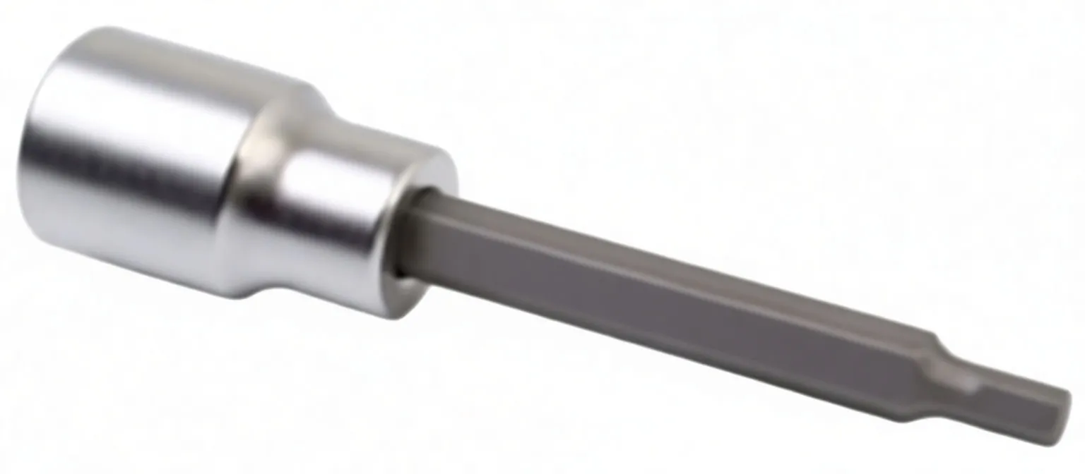 Horizontal chrome hex bit socket with long 5mm hex bit and knurled grip on socket body