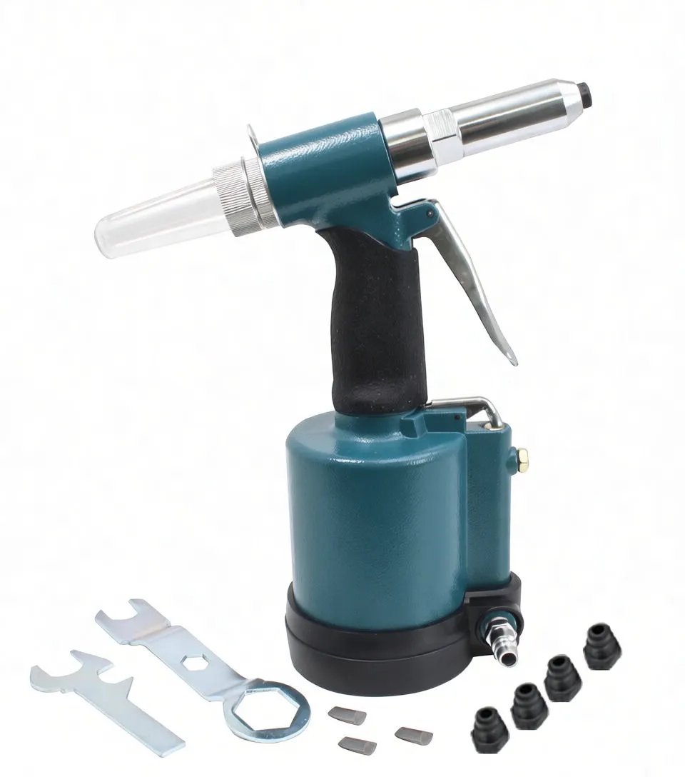 Left-side view of teal air riveter with quick connect fitting, clear nose tube and assortment of wrenches and adapters