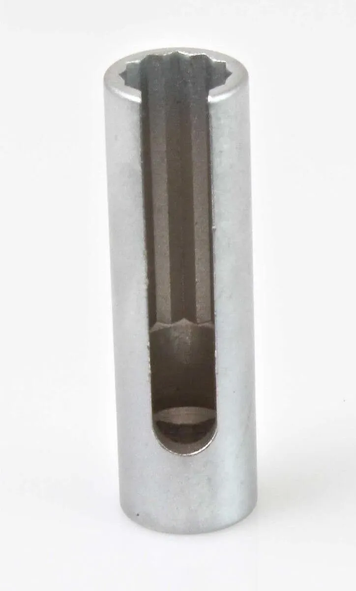Front view of long tubular 12-point socket with central slot and access hole