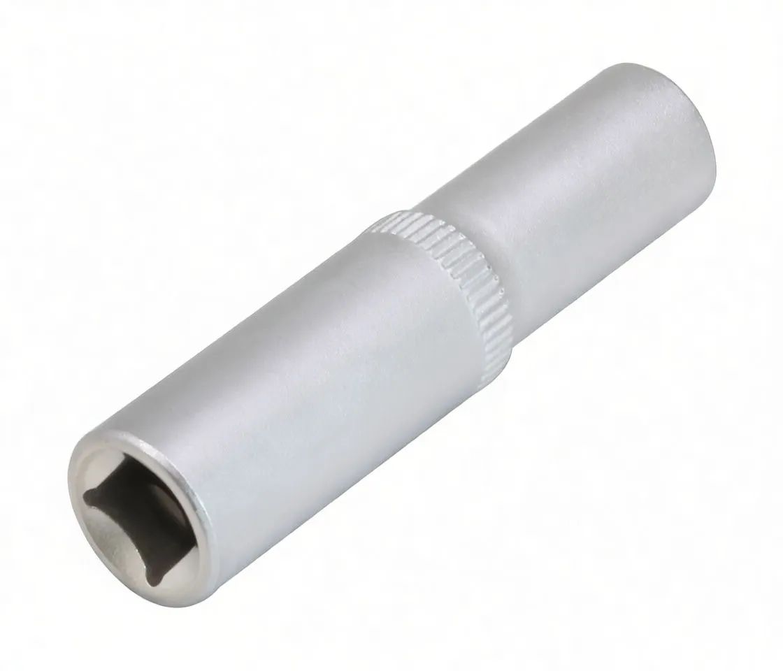 Angled view of the socket showing the square 1/4" drive recess, knurled band and embossed brand marking