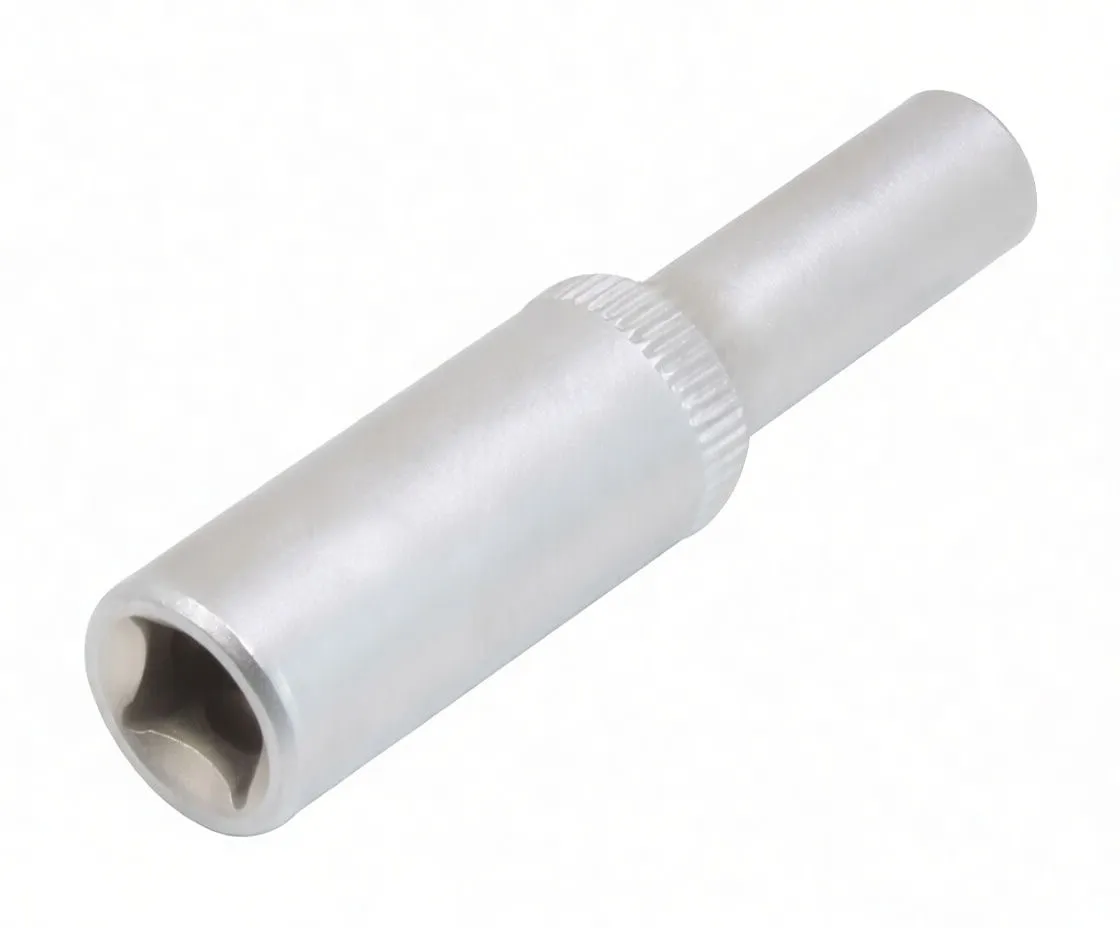 Perspective of long 12-point socket showing socket end, 12-point interior, knurled collar and stamped logo