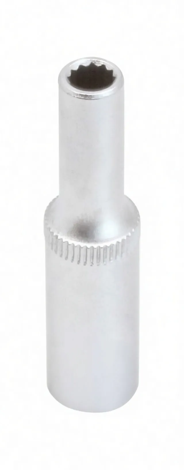 Front view of long 12-point socket standing upright showing internal 12-point profile, knurled band and embossed marking
