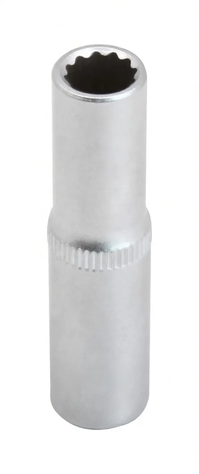 Front view of a long 12‑point socket showing interior 12‑point profile, knurled grip and brand marking