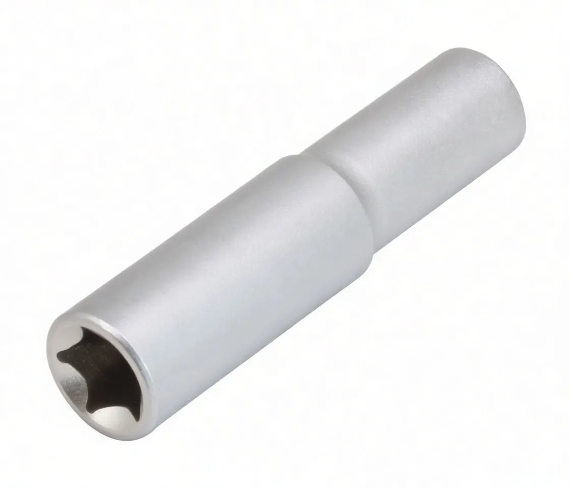 Front view of long 12‑point deep socket showing internal 12‑point opening, knurled band and embossed brand