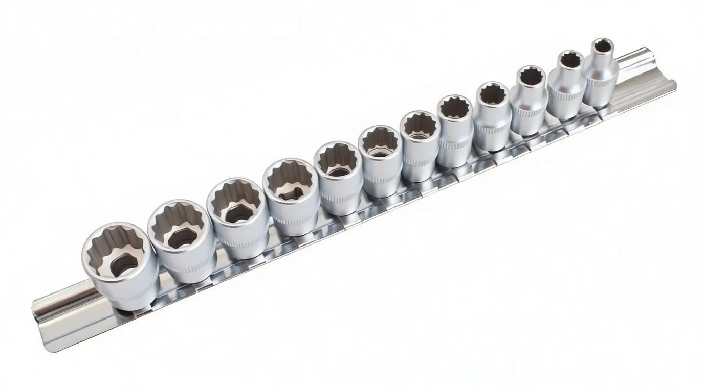 Close-up of twelve chrome sockets attached to a metal rail showing internal profiles and knurled exteriors