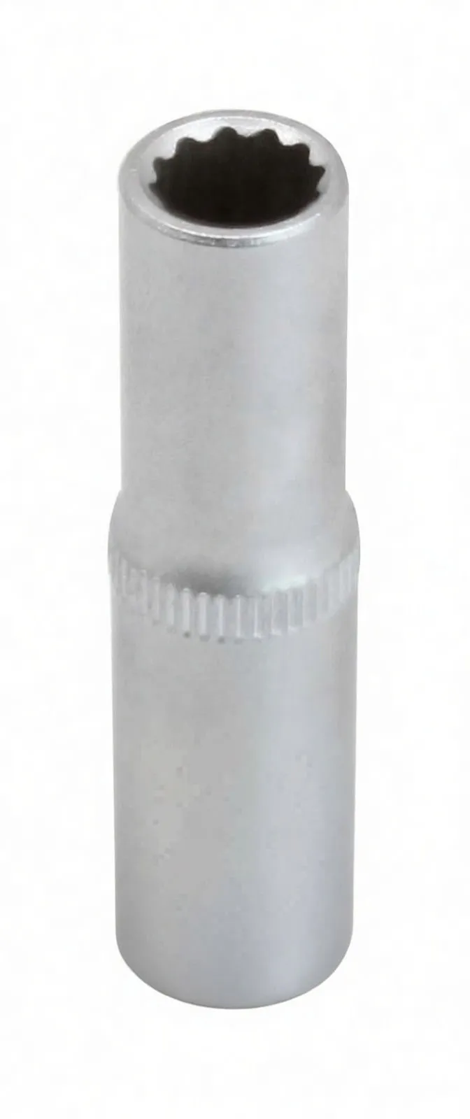 Vertical view of the long 12-point socket showing the 12-point opening, knurled mid-band and embossed logo on the body