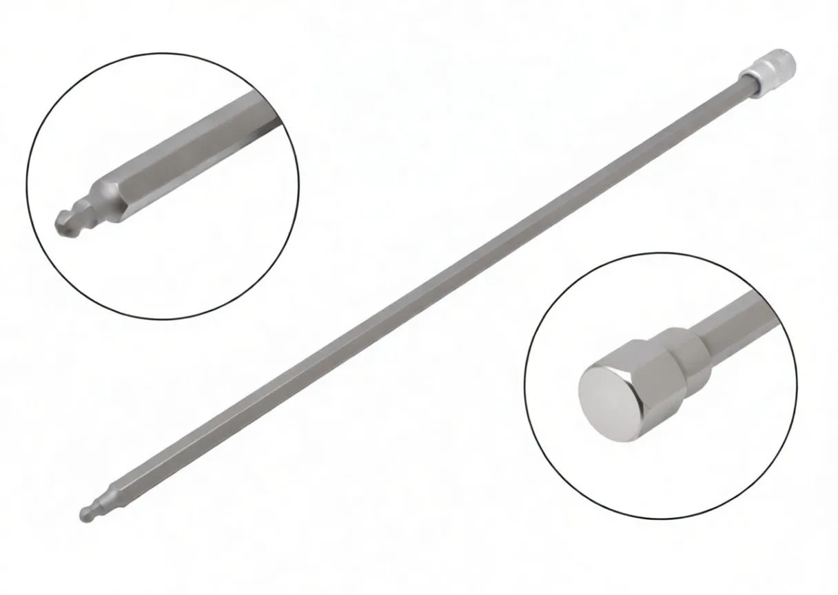 Diagram of 300mm ball-end hex extension showing 4mm tip and 1/4" drive with zoomed detail insets and labeled measurements
