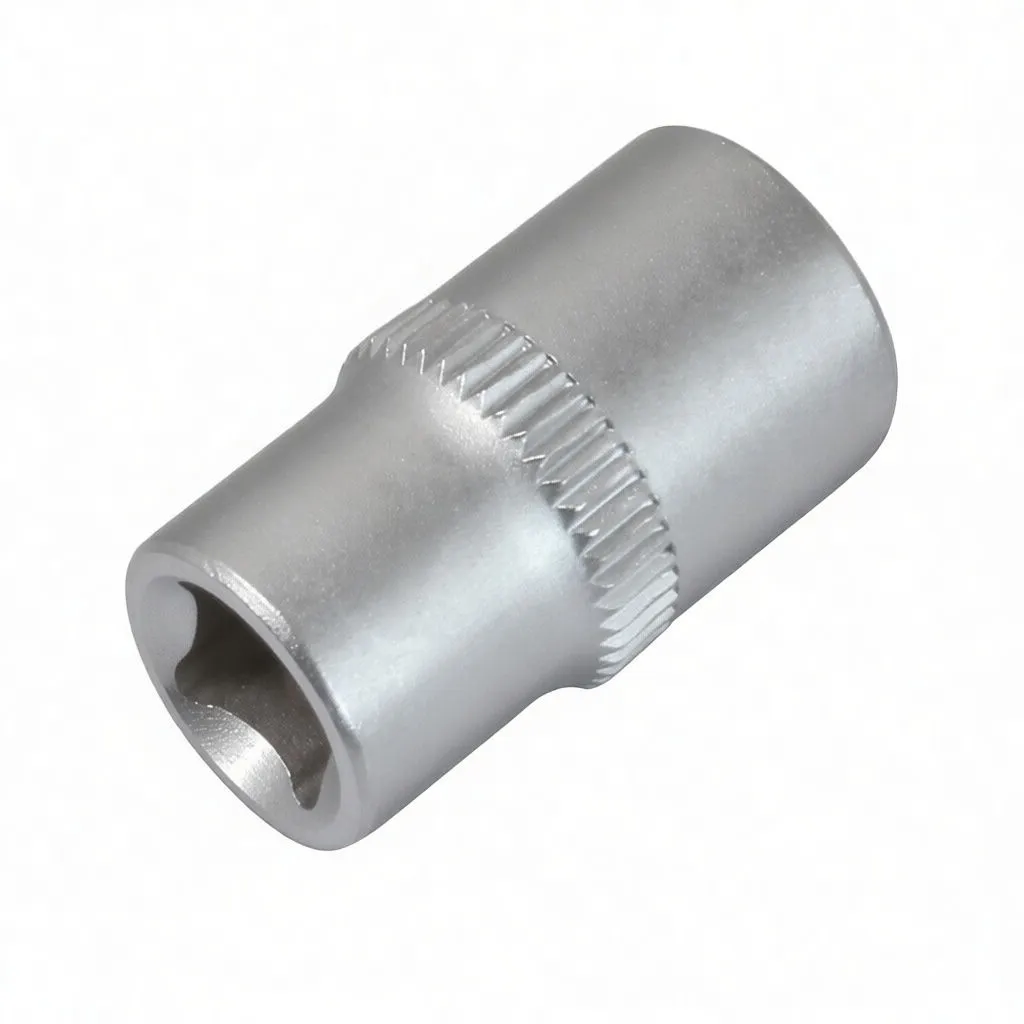 Short chrome socket showing square drive recess, knurled band and stamped markings