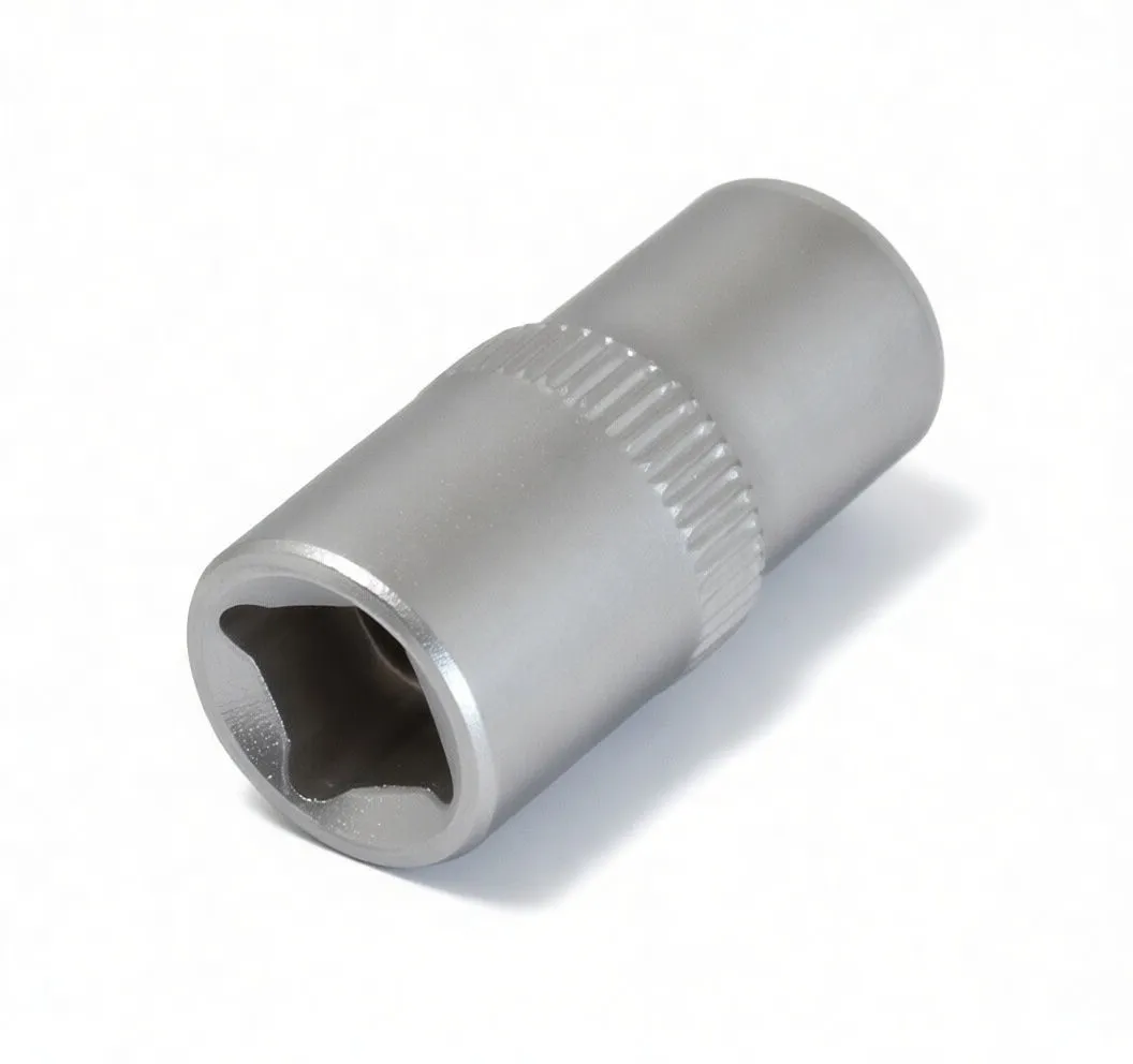 Angled view of chrome short socket showing star-shaped internal cavity, knurled grip and embossed markings