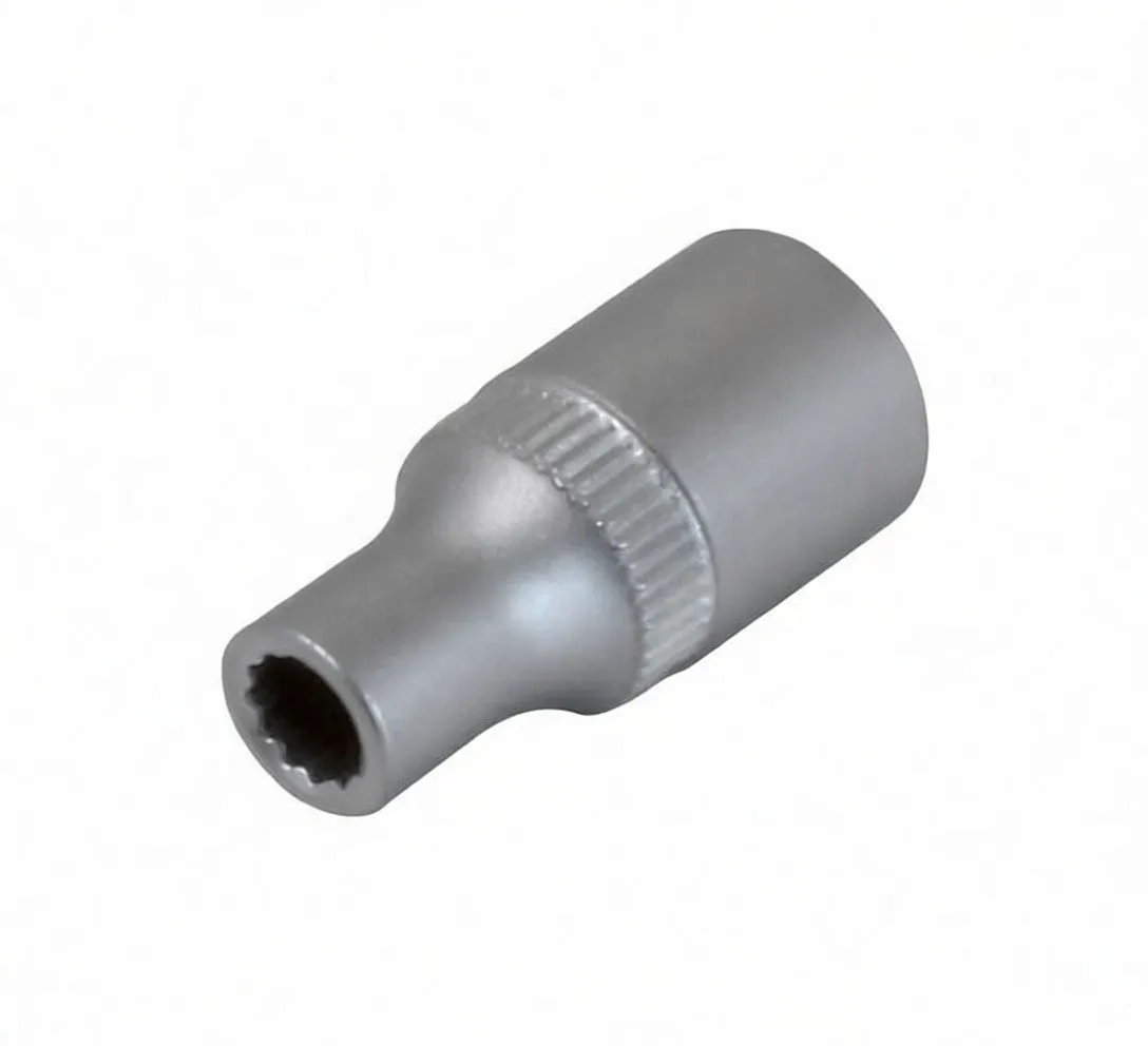 Top view of a short metallic 12-point socket showing the 12-point interior, knurled collar and side size marking.