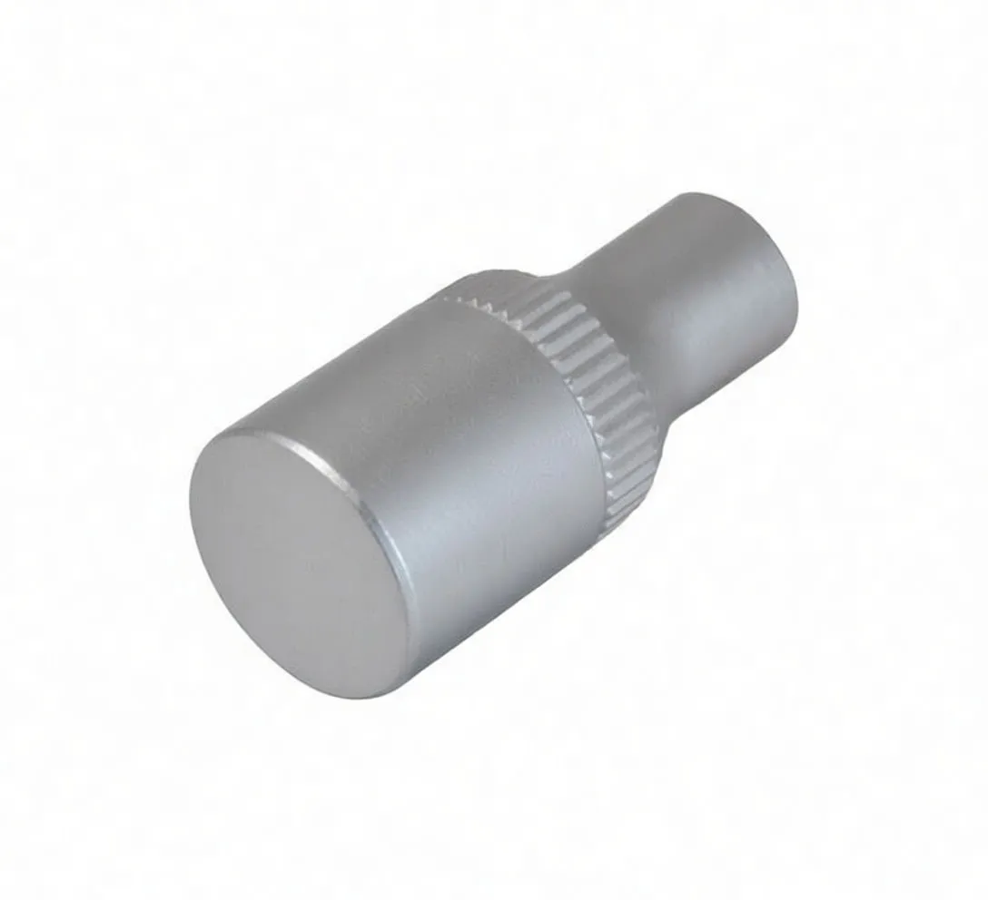 Angled side view of short silver socket showing drive recess, knurled band and logo